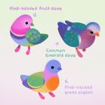 animal animal_focus arrow_(symbol) artist_name beak bird closed_eyes closed_mouth commentary dove english_commentary english_text no_humans original pigeon pikaole pink_background simple_background solid_circle_eyes standing watermark yellow_background 