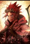  1boy akaboshi_bisco blood blood_on_face blurry blurry_foreground bow_(weapon) goggles goggles_on_head hood hood_down hooded_robe kouji. looking_at_viewer male_focus red_hair robe sabikui_bisco solo spiked_hair upper_body weapon 
