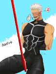  1boy archer_(fate) arms_behind_back bare_shoulders bdsm bit_gag blush bondage bound dark-skinned_male dark_skin drooling fate/stay_night fate_(series) gae_bolg_(fate) gag heart highres hotaru_(ss801) jacket jacket_removed jojo_no_kimyou_na_bouken kneeling male_focus planted planted_spear polearm solo spear weapon white_hair 