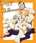  1boy bandage_over_one_eye bandages bara bare_pectorals black_hair bulge covered_abs facial_hair full_body halloween halloween_costume halo happy_halloween highres large_pectorals male_focus mature_male muscular muscular_male naked_bandage official_alternate_costume pectorals ruizu_(takakisan503) short_hair sideburns sidepec sitting solo stubble thick_thighs thighs tokyo_afterschool_summoners zabaniya_(housamo) 