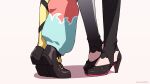  2girls asymmetrical_legwear black_footwear couple english_commentary gradient gradient_legwear hakos_baelz height_difference high_heels highres holocouncil hololive hololive_english implied_kiss irys_(hololive) kiss lower_body mismatched_legwear multiple_girls namii_(namialus_m) out_of_frame shoes simple_background standing thighhighs thighs tiptoe_kiss tiptoes virtual_youtuber white_background yuri 
