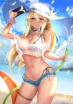  1girl bangs bare_shoulders beach bikini blonde_hair blue_choker blue_sky breasts cellphone choker cleavage cloud collarbone commentary_request cowboy_shot crop_top cutoffs cyicheng day eyebrows_visible_through_hair flower grin hand_up hat hat_flower holding holding_phone hololive large_breasts long_hair looking_at_viewer micro_shorts midriff nail_polish navel off-shoulder_shirt off_shoulder open_fly phone pointy_ears red_eyes shiranui_flare shirt short_sleeves shorts side-tie_bikini sky smartphone smile solo standing stomach sun_hat swimsuit tail thigh_strap thighs very_long_hair water white_headwear white_shirt yellow_flower yellow_nails 