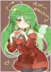  1girl alternate_costume bangs bare_shoulders brown_background eyebrows_visible_through_hair green_hair heart heart_hands kazami_yuuka kazami_yuuka_(pc-98) long_hair looking_at_viewer matsu_kitsune open_mouth outline red_eyes red_sweater simple_background solo sweater touhou touhou_(pc-98) translation_request white_outline 