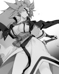 10mo 1girl amputee arm_guards baiken big_hair black_jacket border breasts cleavage eyepatch facial_mark greyscale guilty_gear guilty_gear_strive highres holding jacket jacket_on_shoulders japanese_clothes kataginu katana kimono large_breasts monochrome mouth_hold one-eyed open_clothes open_kimono ponytail samurai sash scar scar_across_eye scar_on_face sheath sheathed simple_background stalk_in_mouth sword weapon white_background white_border wide_sleeves 