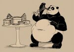  2019 3_toes abdominal_bulge anthro bamboo_steamer belly big_belly bowl chopsticks container dreamworks duo eye_contact fangs feet female feral flower furniture giant_panda hand_on_stomach holding_chopsticks holding_object kung_fu_panda looking_at_another lordweegee64 male mammal master_po_ping master_viper navel neck_bulge nude open_mouth oral_vore panic plant plate pot_(disambiguation) reptile scalie sitting smile snake soft_vore stool table toes tongue tongue_out ursid vore 