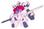  clenched_hand cosmikaizer cropped_legs english_commentary green_eyes gundam gundam_seed highres holding holding_sword holding_weapon looking_to_the_side mecha mobile_suit no_humans science_fiction sketch solo strike_rouge sword v-fin weapon white_background 