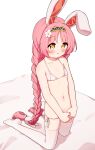  1girl :o animal_ears bangs bare_arms bare_shoulders bed_sheet bikini black_hairband blush braid brown_eyes bunny_hair_ornament eyebrows_visible_through_hair flower full_body hair_flower hair_ornament hairband highres kemonomimi_mode kneeling long_hair low_twintails lowleg lowleg_bikini mimi_(princess_connect!) navel no_shoes own_hands_together parted_bangs parted_lips pink_hair princess_connect! rabbit_ears setmen side-tie_bikini simple_background soles solo swimsuit thighhighs twin_braids twintails very_long_hair white_background white_bikini white_flower white_legwear 