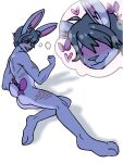  &lt;3 accessory angry anthro black_sclera blue_body blue_fur blush bow_ribbon butt candycthulhu_(artist) clenched_fists digital_media_(artwork) dvenadtsat_(character) eye_scar facial_scar feet fur grimace grin hair hair_accessory hare hi_res hiding lagomorph leporid looking_at_viewer male mammal nude rabbit ribbons scar scut_tail short_tail simple_background smile solo thought_bubble uwu yellow_eyes 