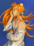  1girl animal_on_head bangs bare_shoulders blue_background blue_bra blue_eyes bra breasts closed_mouth coat commentary eyebrows_visible_through_hair headphones highres long_hair looking_at_viewer off_shoulder on_head open_clothes open_coat orange_hair pofu31 signature sitting small_breasts solo spaghetti_strap underwear upper_body white_coat 