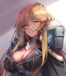  1girl azur_lane bismarck_(azur_lane) blonde_hair blue_eyes blush breasts check_commentary cleavage commentary_request filin fur_trim highres lapel_pin large_breasts long_hair smile underbust upper_body 