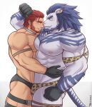  2boys abs animal_ears bara beard blue_hair bulge commission eye_contact facial_hair feet_out_of_frame from_side furry furry_with_non-furry highres hug interspecies large_pectorals leg_belt lion_boy lion_ears lion_tail looking_at_another male_focus mature_male multiple_boys muscular muscular_male nipples orange_hair original panther_print pectorals rope short_hair sideburns smile stomach tail terraxle thick_eyebrows thick_thighs thighs topless_male wrestling_outfit yaoi 