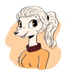  2018 anthro canid canine canis clothed clothing domestic_dog female fur hair hi_res hunting_dog joaoppereiraus long_neck looking_at_viewer mammal ponytail saluki sighthound signature simple_background smile solo white_background white_body white_fur white_hair witchpuppy 