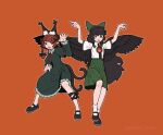  2girls animal_ear_fluff animal_ears arms_up artist_name bangs bigcat_114514 bird_wings black_bow black_footwear black_hair blunt_bangs bow brown_hair cat_ears cat_tail claw_pose dress eyebrows_visible_through_hair fang feathered_wings flat_chest frilled_shirt_collar frills full_body green_bow green_dress green_skirt hair_bow hair_ribbon highres juliet_sleeves kaenbyou_rin long_hair long_sleeves looking_at_viewer mary_janes multiple_girls multiple_tails neck_ribbon nekomata open_mouth orange_background outline pleated_skirt puffy_short_sleeves puffy_sleeves red_eyes red_hair red_ribbon reiuji_utsuho ribbon shirt shoes short_sleeves simple_background skirt smile tail touhou tress_ribbon twintails two_tails v-shaped_eyebrows white_outline white_shirt wings 
