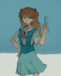  1girl bangs blue_dress blue_eyes bolo_tie breasts brown_hair collared_shirt dango_(uni_520) dress eyebrows_visible_through_hair feet_out_of_frame food hair_between_eyes hairpods hand_on_hip hand_up highres holding holding_food juice_box long_hair looking_to_the_side medium_breasts melting mouth_hold neon_genesis_evangelion pleated_dress popsicle red_neckwear school_uniform shade shirt short_sleeves solo souryuu_asuka_langley standing tokyo-3_middle_school_uniform_(evangelion) two_side_up white_shirt 