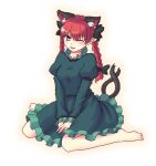  1girl ;d animal_ear_fluff animal_ears barefoot between_legs black_bow blush bow braid breasts cat_ears cat_tail dress extra_ears frills full_body green_dress hair_bow hair_ribbon hand_between_legs happy isaki_(gomi) juliet_sleeves kaenbyou_rin long_hair long_sleeves looking_at_viewer multiple_tails nekomata one_eye_closed petticoat pointy_ears puffy_sleeves ribbon simple_background sitting small_breasts smile solo tail toes touhou tress_ribbon twin_braids twintails two_tails v_arms wariza white_background 