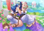  2girls alternate_costume bare_legs blue_eyes blue_hair breasts brown_eyes cleavage conope dress fire_emblem fire_emblem_awakening fire_emblem_heroes flower hair_flower hair_ornament long_hair looking_at_viewer looking_back lucina_(fire_emblem) medium_breasts medium_hair multiple_girls official_alternate_costume outdoors robin_(fire_emblem) robin_(fire_emblem)_(female) smile twintails white_hair 