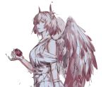  1girl angel_wings arknights dress eyebrows_visible_through_hair food fruit highres hkeno holding holding_food holding_fruit red_eyes red_hair simple_background suffering_(arknights) white_background white_dress wings 
