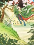  1girl 2021 bow bush cherry_blossoms closed_eyes copyright_name floral_print flying fog grass green_kimono hair_bow japanese_clothes kimono leaf light_rays magic:_the_gathering mountain outstretched_hand plant_hair river romiy see-through solo sunbeam sunlight tree 
