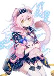  1girl absurdres animal animal_ears arknights black_hairband black_skirt blue_bow blush bow braid cat cat_ears cat_girl cat_tail chinese_commentary coat collar commentary_request garter_straps goldenglow_(arknights) hair_bow hair_over_shoulder hairband highres holding holding_animal holding_cat id_card lightning_bolt_print long_hair looking_at_viewer open_clothes open_coat open_mouth pink_coat pink_hair polka_dot polka_dot_background scottish_fold shirt signature single_braid sitting skirt solo striped striped_legwear tail tearing_up tears thighhighs tuzidemengmianjiang vertical-striped_legwear vertical_stripes white_legwear white_shirt yellow_eyes zettai_ryouiki 