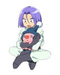  1boy ayu_(iyokanya) blue_hair crossed_legs hug james_(pokemon) male_focus mime_jr. pokemon pokemon_(anime) pokemon_(creature) sitting worried 