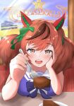  1girl animal_ears bangs blue_ribbon blush brown_eyes brown_hair dating ear_ribbon feeding food green_ribbon horse_ears horse_girl negipon nice_nature_(umamusume) open_mouth restaurant ribbon short_sleeves sky smile spoon table twintails umamusume uniform window 