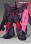 character_name clenched_hand commission energy_barrier energy_shield gelgoog gun gundam gundam_seed harryych highres holding holding_gun holding_weapon mecha mobile_suit mobile_suit_gundam no_humans pink_eyes red_eyes redesign science_fiction shadow solo standing twitter_username weapon 