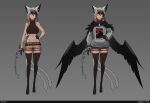  1girl :/ absurdres animal_ear_fluff animal_ears bangs bare_arms bare_shoulders beige_shorts belt black_belt black_gloves black_hair black_legwear black_wings blonde_hair braid cat_ears cat_tail clothes_writing commentary english_commentary full_body gloves grey_background grey_hair grey_jacket hair_between_eyes halterneck hands_on_hips highres jacket less long_braid long_hair long_sleeves midriff multicolored_hair multiple_tails multiple_views no_shoes original pink_eyes shorts simple_background tail the_raven thighhighs two_tails very_long_hair wings 