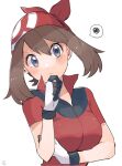  1girl bandana bangs blush breasts brown_hair chin_stroking closed_mouth collared_shirt commentary_request eyebrows_visible_through_hair eyelashes gloves grey_eyes hand_up highres may_(pokemon) medium_hair pokemon pokemon_(game) pokemon_rse red_bandana red_shirt ririmon shirt short_sleeves signature simple_background solo spoken_squiggle squiggle thinking upper_body white_background white_gloves 