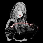  1girl apron bangs black_background blunt_bangs bobbbob breasts gloves hair_strand head_tilt holding huge_breasts impossible_clothes latex lips looking_to_the_side lowres maid maid_apron maid_headdress monochrome original parted_lips red_lips riding_crop solo spot_color upper_body 