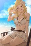  1girl absurdres beach bikini bikini_skirt blonde_hair breasts clair_(fire_emblem) cleavage collarbone ebinku fire_emblem fire_emblem_echoes:_shadows_of_valentia flower hair_flower hair_ornament hair_tucking hand_in_hair highres looking_at_viewer medium_breasts navel out_of_frame parasol ponytail shadow sitting skirt smile solo swimsuit umbrella white_bikini white_skirt 