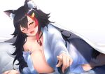  1girl absurdres animal_ear_fluff animal_ears bed_sheet black_hair blush breasts collarbone fang flipped_hair hair_between_eyes hair_ornament hairclip highres hololive huge_breasts japanese_clothes kimono long_hair mee_don multicolored_hair on_bed one_eye_closed ookami_mio open_clothes open_kimono open_mouth orange_eyes pointing pointing_at_viewer red_hair smile solo streaked_hair under_covers virtual_youtuber wolf_ears wolf_girl yukata 