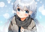  1girl blue_eyes blush coat eyebrows eyebrows_visible_through_hair from_above gochuumon_wa_usagi_desu_ka? grin hair_ornament hairclip highres kafuu_chino long_hair looking_at_viewer scarf silver_hair smile snow solo upper_body x_hair_ornament zumi6 