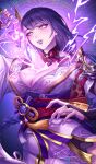  1girl bangs box_(hotpppink) braid breasts bridal_gauntlets cleavage eyebrows_visible_through_hair flower genshin_impact hair_ornament highres japanese_clothes kimono large_breasts long_hair mole mole_under_eye purple_background purple_eyes purple_flower purple_hair raiden_shogun ribbon sash solo 