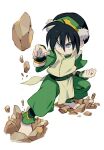  1girl avatar:_the_last_airbender avatar_(series) barefoot black_hair blind blue_eyes chinese_clothes closed_mouth element_bending full_body hair_bun hairband jewelry nemurism short_hair simple_background solo toph_bei_fong white_background 