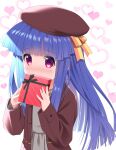  1girl bangs beret blue_hair blunt_bangs blush box brown_headwear brown_jacket commentary_request covered_mouth eyebrows_visible_through_hair furude_rika gaou_(babel) gift gift_box grey_shirt grey_skirt hands_up hat heart heart_background heart_in_eye higurashi_no_naku_koro_ni holding holding_gift jacket long_hair looking_at_viewer nose_blush open_clothes open_jacket pleated_skirt red_eyes shirt skirt solo symbol_in_eye valentine very_long_hair white_background 