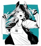  1girl animal_ears arms_up blush bobbbob cat_ears cat_girl clothes_writing double_v fangs jacket looking_at_viewer monochrome multicolored_hair open_mouth original shirt solo spot_color sukajan two-tone_hair upper_body v 