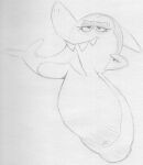  breasts eyelashes female fin fish hanna-barbera inverted_nipples jabberjaw jabberjaw_(character) jellystone_(hbo_max) marine monochrome nipples non-mammal_breasts pose sbshouseofpancakes semi-anthro shark smile solo traditional_media_(artwork) 