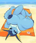  absurd_res anthro areola beach bedroom_eyes big_breasts blue_areola blue_nipples breasts eeveelution female genitals hi_res huge_breasts narrowed_eyes nintendo nipples on_towel pok&eacute;mon pok&eacute;mon_(species) pussy rymogrime seaside seductive towel vaporeon video_games 