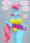  anthro anthrofied apron big_breasts breasts clothing dialogue dominant dominant_female ear_piercing ear_ring equid female friendship_is_magic hair hasbro hi_res jewelry looking_at_viewer mammal mature_female mrs._cake_(mlp) my_little_pony nasiri_(artist) paddle piercing pink_eyes pink_hair smile smirk solo speech_bubble text 