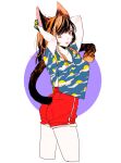  1girl :q animal_ears arms_behind_head arms_up black_hair bobbbob brown_hair cat_ears cat_girl cat_tail from_behind high-waist_shorts long_hair looking_back multicolored_hair original ponytail print_shirt shirt short_shorts shorts solo streaked_hair tail tongue tongue_out yellow_eyes 