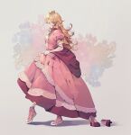  1girl blonde_hair breasts converse crown dress globe high_tops highres long_hair long_skirt mario_(series) medium_breasts nachoz_(nachozart) picking_up princess_peach pumps shoes simple_background skirt smile sneakers 