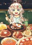  1girl aqua_dress aqua_eyes blurry blurry_background bokeh booth_seating braid broccoli child commentary cup depth_of_field dress drinking_glass egg fish_hair_ornament food fork fried_egg grey_hair hair_ornament highres holding holding_fork kizuna_akari long_hair meal melon_soda mitou119 night open_mouth pasta reflection restaurant saizeriya salad short_sleeves sitting smile solo soup steak steam table tomato twin_braids vocaloid voiceroid window younger 