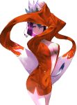  arms_up breasts center_opening cleavage collarbone covered_navel crossed_arms dress expressionless flower hair_flower hair_ornament highres kuzuryuu_amane leaning_forward looking_at_viewer medium_breasts megami_ibunroku_devil_survivor orange_dress purple_eyes purple_hair sinkoart sleeves_past_wrists symbol-only_commentary white_background 