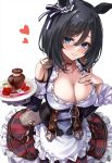  1girl animal_ears apron bangs bare_shoulders black_hair blue_eyes blush breasts choker cleavage closed_mouth collarbone commentary corset cowboy_shot detached_sleeves ear_ornament eishin_flash_(umamusume) eyebrows_visible_through_hair flower food frilled_apron frilled_skirt frilled_sleeves frills fruit german_commentary german_text hair_between_eyes hand_on_own_chest highres holding holding_plate horse_ears large_breasts long_sleeves looking_at_viewer marisasu_(marisa0904) nail_polish pink_nails plate red_choker red_flower red_rose red_skirt rose short_hair skirt smile solo strawberry striped striped_skirt umamusume vertical-striped_skirt vertical_stripes waist_apron 