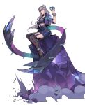  1girl bangs black_legwear black_skirt claws earrings evelynn_(league_of_legends) garter_straps grey_background grey_hair hair_cones hicham_habchi high_heels highres jacket jewelry k/da_(league_of_legends) k/da_evelynn league_of_legends long_hair looking_at_viewer o-ring open_clothes open_jacket over-kneehighs pink_jacket purple_lips rock simple_background sitting skirt solo spikes thighhighs 
