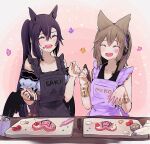  2girls :d ^_^ animal_ears apron bangs bare_shoulders black_wings blush bracelet breasts brown_hair character_name chocolate cleavage closed_eyes collarbone commentary_request duplicate earmuffs food food_on_face gradient gradient_background hair_between_eyes hands_up happy horse_ears jewelry kurokoma_saki long_hair medium_breasts multiple_girls no_hat no_headwear off-shoulder_shirt off_shoulder pegasus_wings pink_background pixel-perfect_duplicate pointy_hair ponytail puffy_short_sleeves puffy_sleeves shirt short_sleeves simple_background smile syuri22 teeth touhou toyosatomimi_no_miko upper_body upper_teeth very_long_hair wings 