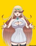  1girl aidan_kresnik alternate_costume artist_name bangs bare_shoulders black_legwear blonde_hair blush breasts cleavage cleavage_cutout clothing_cutout commentary cowboy_shot dress english_commentary eyebrows_visible_through_hair gem highres large_breasts long_hair looking_at_viewer meme meme_attire my_little_pogchamp_(meme) mythra_(xenoblade) open_mouth ribbed_sweater simple_background sleeveless sleeveless_dress solo sweater sweater_dress swept_bangs thighhighs very_long_hair white_dress white_sweater xenoblade_chronicles_(series) xenoblade_chronicles_2 yellow_background yellow_eyes yellow_theme 