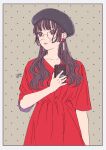  1girl bangs beret black_nails blunt_bangs border brown_eyes brown_hair cellphone dress earrings hat holding holding_phone jewelry long_hair looking_away mosuko nail_polish original parted_lips patterned_background phone red_dress smartphone solo upper_body 