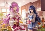  2girls bangs black_eyes black_hair blue_eyes blush breasts candy chocolate cleavage closed_mouth cowboy_shot elysia_(honkai_impact) food hair_ornament hairclip heart heart-shaped_chocolate highres honkai_(series) honkai_impact_3rd indoors kitchen large_breasts long_hair looking_at_viewer maid_headdress multiple_girls parted_lips pinakes pink_hair pointy_ears puffy_short_sleeves puffy_sleeves raiden_mei short_sleeves smile valentine 