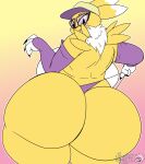  2022 absurd_res anthro bandai_namco big_breasts big_butt breasts butt clothing clothing_pull digimon digimon_(species) eyewear female glasses hat headgear headwear hi_res huge_breasts huge_butt looking_at_butt looking_back masterj291 panties panty_pull renamon simple_background softtibbies solo thick_thighs thong underwear underwear_pull 